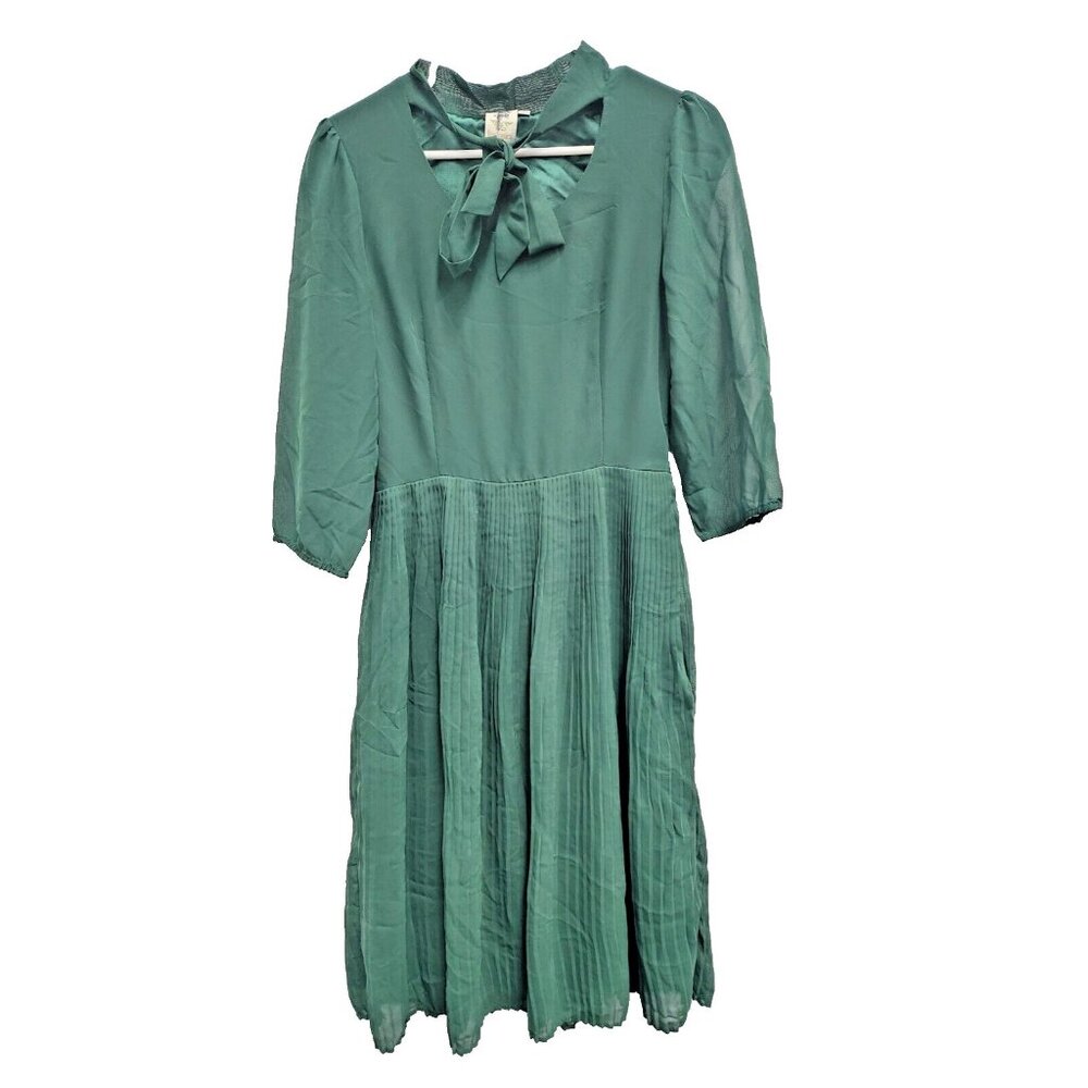 Shabby Apple Womens Midi Dress Sz 6 Emerald Green Bow Tie Pleated Skirt Preppy‎